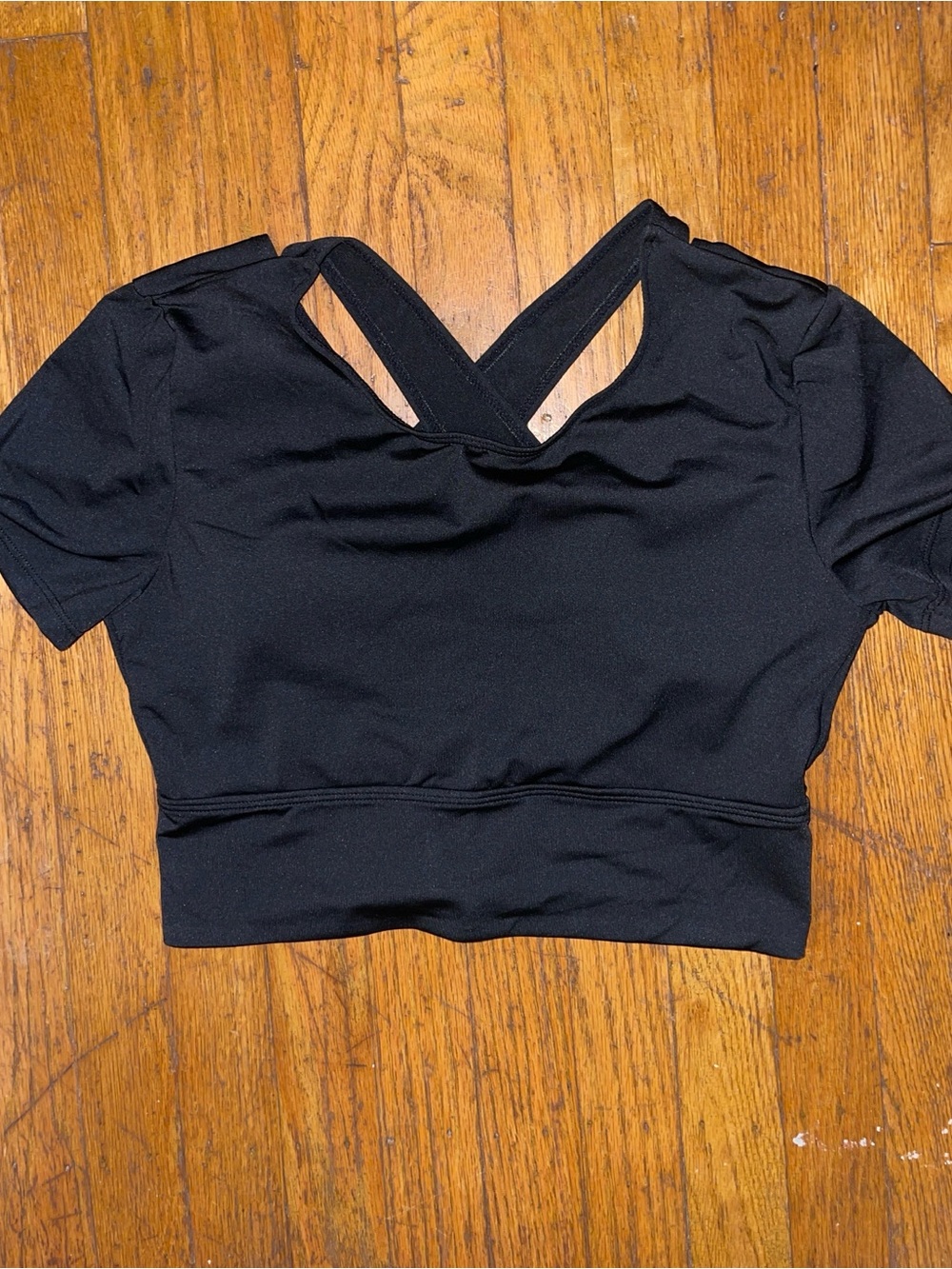 Black Short Sleeve Cropped Top with Cross-Back Straps